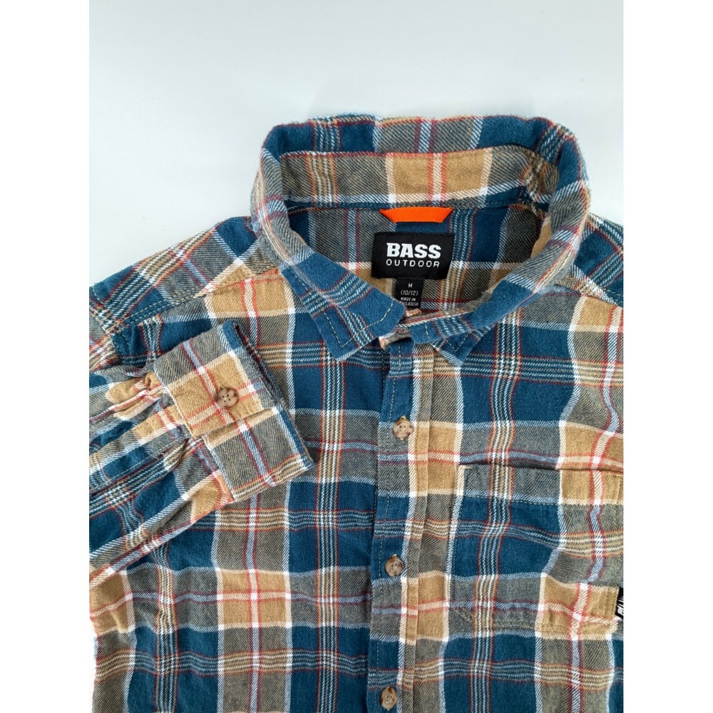 Bass Outdoor Plaid Flannel Long Sleeve Shirt Boys Size M 10 12 Blue Tan Red